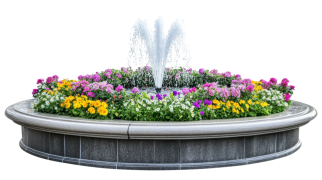 Colorful floral fountain display in urban park outdoor garden vibrant nature scene scenic view tranquility concept