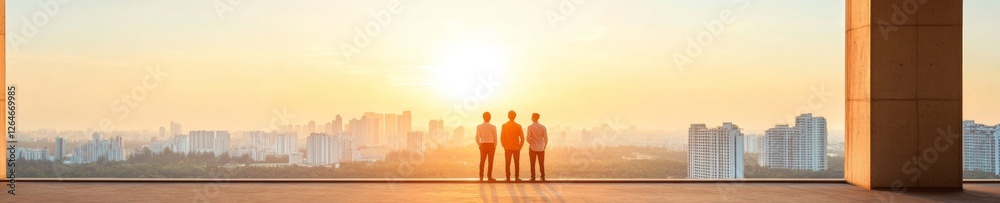 Poster open office interior with panoramic cityscape urban minimalism and glass facades for interactive bus