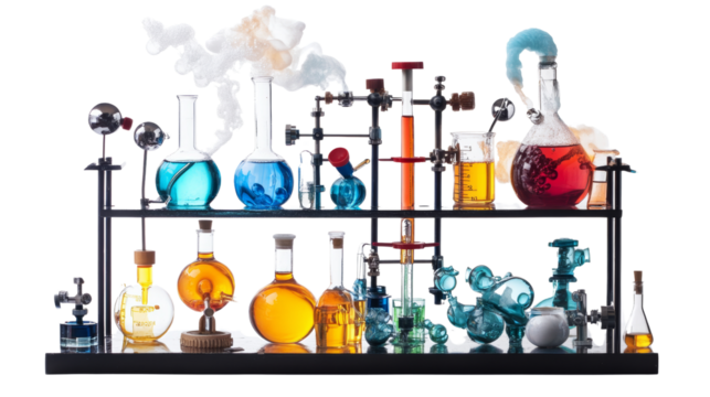 Chemical experiment setup laboratory science illustration controlled environment side view innovation and discovery