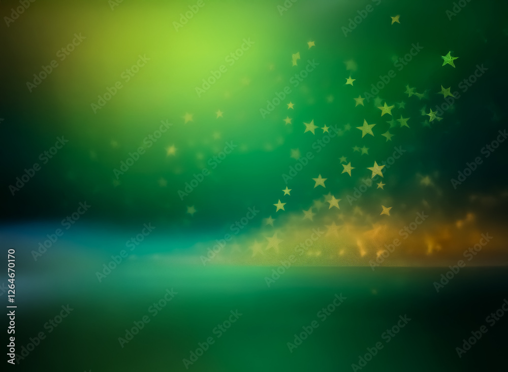Sticker dreamy abstract green and yellow gradient background with blurred golden stars. soft bokeh effect an