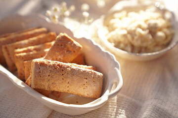 Home made soy cookies or okara cookies on white cloth. Healthy food.