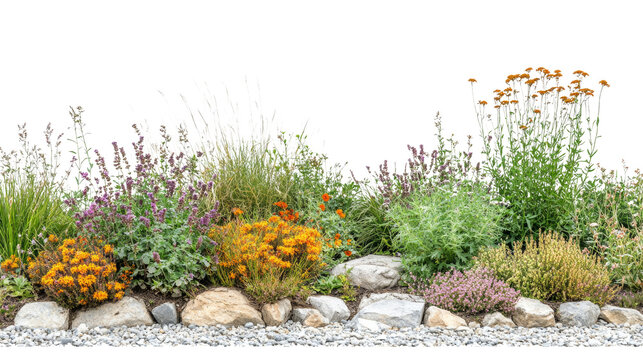 Floral garden display outdoor landscape botanical arrangement natural environment wide view vibrant colors for aesthetic appeal