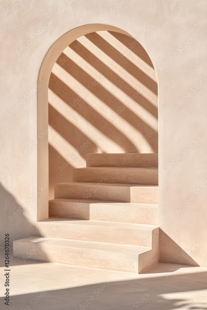 Poster minimalist architectural art curved archways and stairway shadows in textured concrete - innovative 