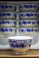 Close-up of an exquisite Chinese blue and white porcelain rice bowl