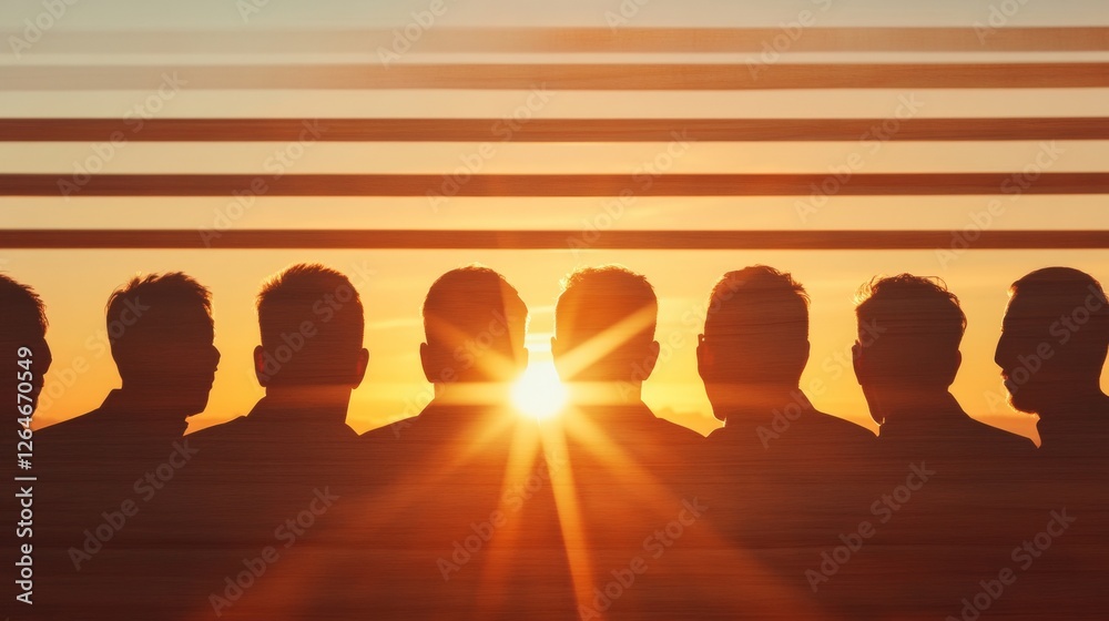 Poster golden hour collective silhouetted team of professionals against sunset backdrop - visualizing unity