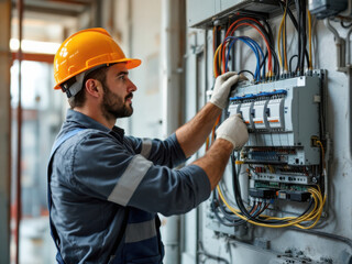 Fototapeta na wymiar The electrician is doing the installation or repair of the electrical panel