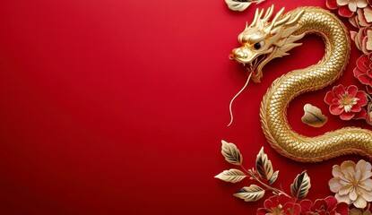 Fototapeta premium Gold Dragon Figurine Festive Red Background
