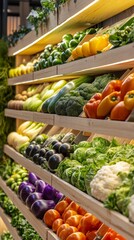 Obraz premium Fresh Produce Display Tiered Wooden Stand with Misted Vegetables Visual Merchandising for Markets and Sustainability in Food Retail Promotion