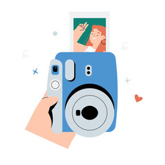 Instant Camera Printing A Photo In Flat Vector Illustration Symbolizing Photography, Memories, And Instant Picture Capture, Isolated On White Background.