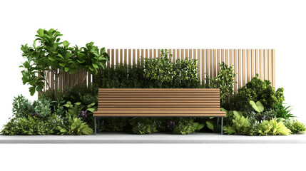 Urban greenery inviting bench surrounded by lush plants in a contemporary setting