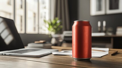 Red Aluminum Can on Wooden Table Near Laptop in Modern Office