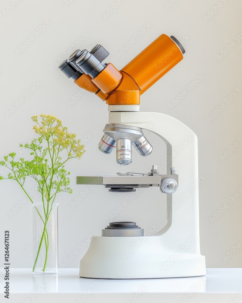 Aufkleber minimalist scientific workspace vibrant orange microscope with specimen slides on white workbench mo