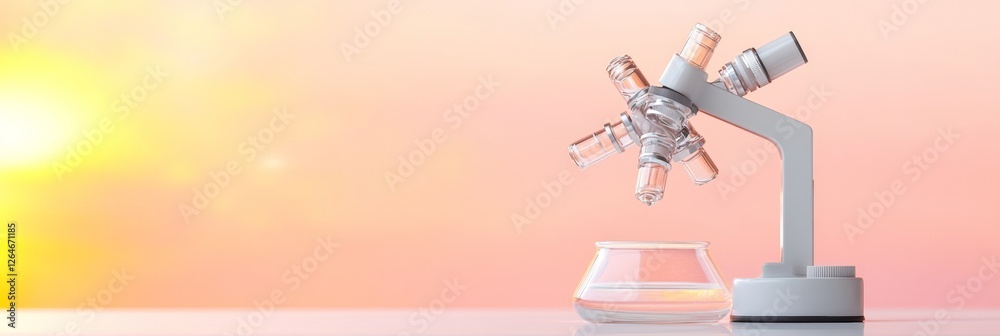 Poster pastel-hued scientific minimalism elegant microscope with specimen jar on sleek surface - modern lab