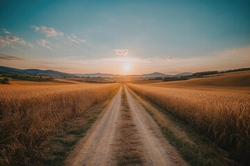 Golden Hour Country Road Through Wheat Fields