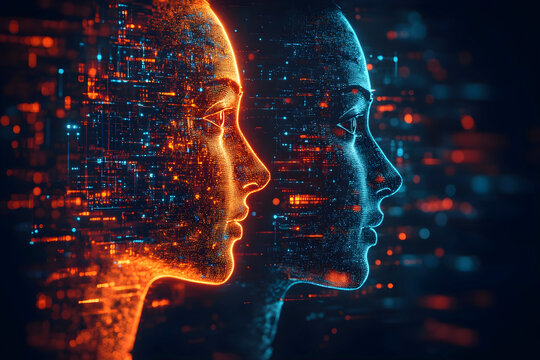 Digital twin concept featuring two futuristic human faces made of glowing orange and blue particles, symbolizing artificial intelligence, machine learning, and cyber technology in a virtual world