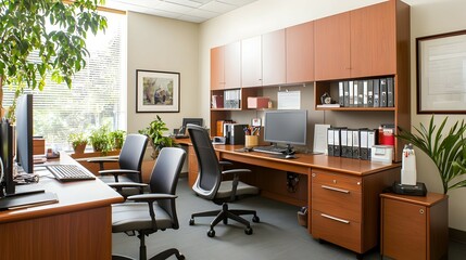 Bright Modern Office Interior with Wood Desks and Abundant Natural Light