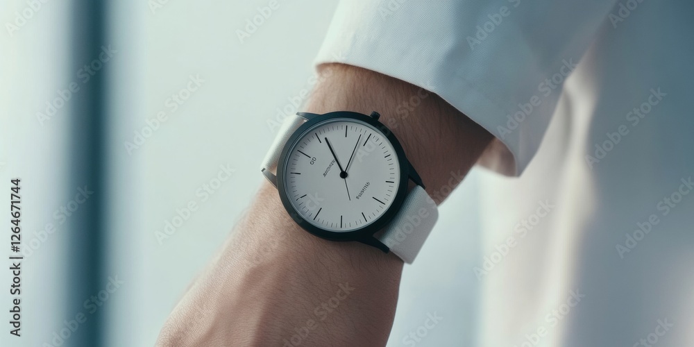 Poster minimalist smartwatch display on wrist sleek white band with black face - cutting-edge digital healt