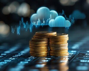 Cloud computing cost symbolized by a stack of coins, rising financial graphs, and cloud icons depicting increasing expenses in digital technology