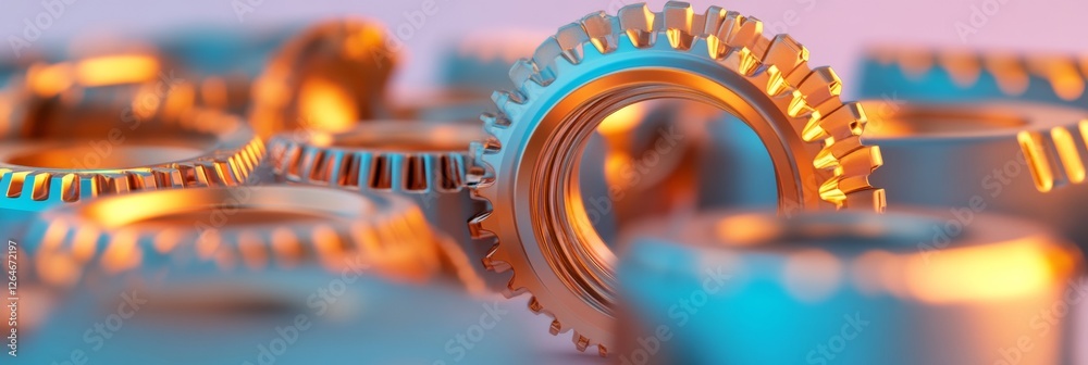 Poster industrial elegance metallic gear display with reflective copper finish - precision engineering visu