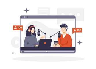 Vector illustration of a couple broadcasting live on a tablet screen. A man and girl in headphones speaks into a microphone, interacting with her audience. Podcast and streaming concept