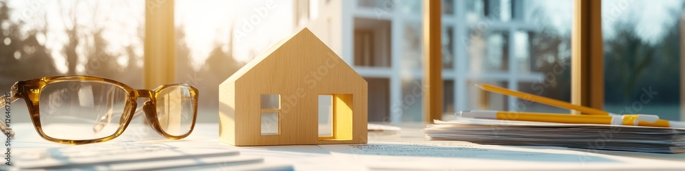 Poster scandinavian minimalist workspace wooden house model with documents and calculator - real estate fin