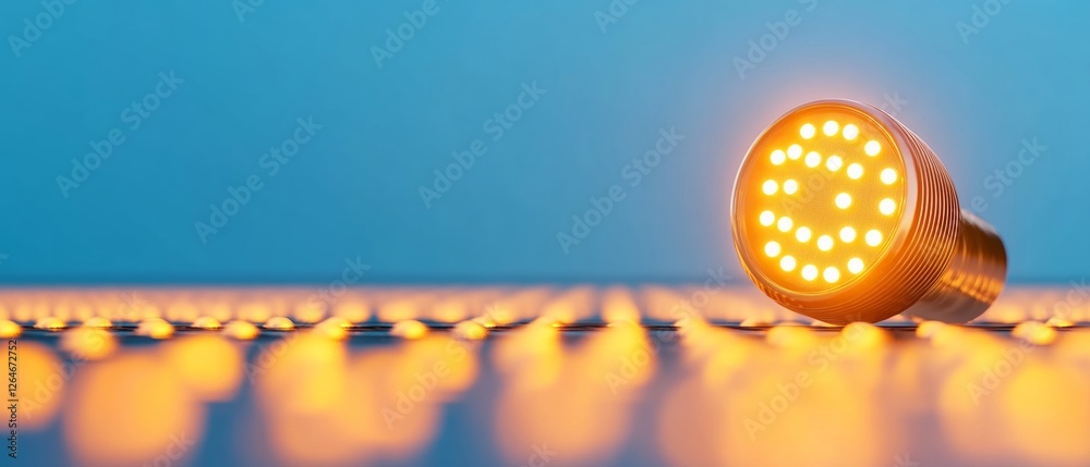 Aufkleber futuristic led display warm gold bulb on reflective surface for tech marketing - innovative lighting