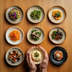 Multicultural Feast Display Prosthetic Hand Embracing Global Cuisine on Rustic Wooden Table - Culinary Diversity and Inclusive Dining Experience Content