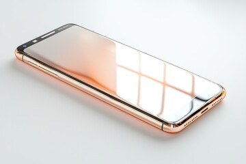 A luxurious gold smartphone with a sleek design and reflective screen laying on a white surface, showcasing modern technology and elegant aesthetics, and emphasizing the sleek lines.