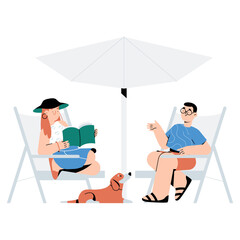 Couple Relaxing Under Umbrella With Dog, Reading Book And Talking In Flat Vector Illustration Symbolizing Leisure, Vacation, And Outdoor Relaxation, Isolated On White Background