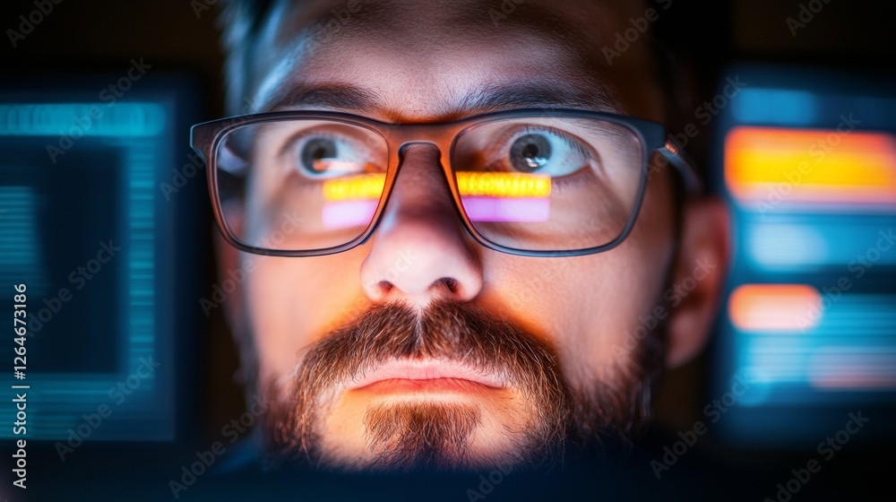 Poster Futuristic Cybersecurity Workspace Bearded Analyst in Glasses Monitors Network Security Data - Tech and Digital Solutions for IT Protection and Business Innovation