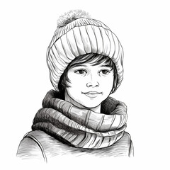 A smiling boy in a winter hat and scarf, portrait, angle view, icon, black and white, sketch isolated on a white background, picture for printing on a T-shirt, background