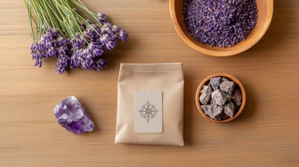 Mystical Branding Setup Amethyst and Lavender on Oak for Luxury Astrology Merch - Ideal for E-commerce and Celestial-Themed Product