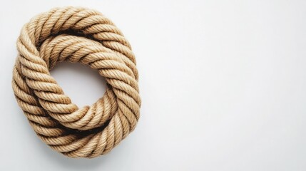 Obraz premium Thick beige rope coiled in a circle on a white background.