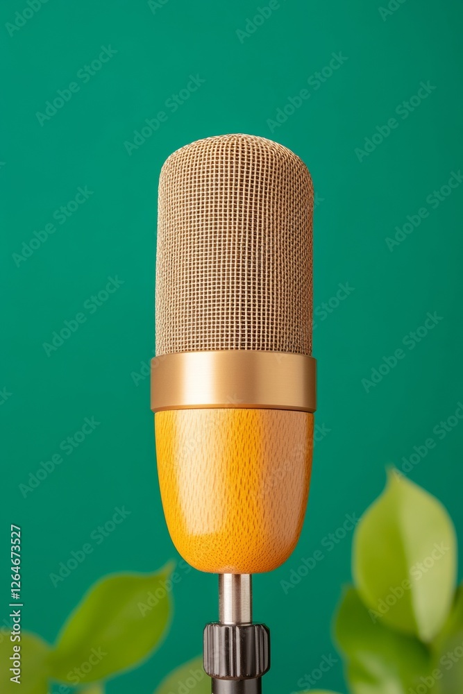Poster sleek audio capture vintage-style condenser microphone with wooden finish on boom arm - professional