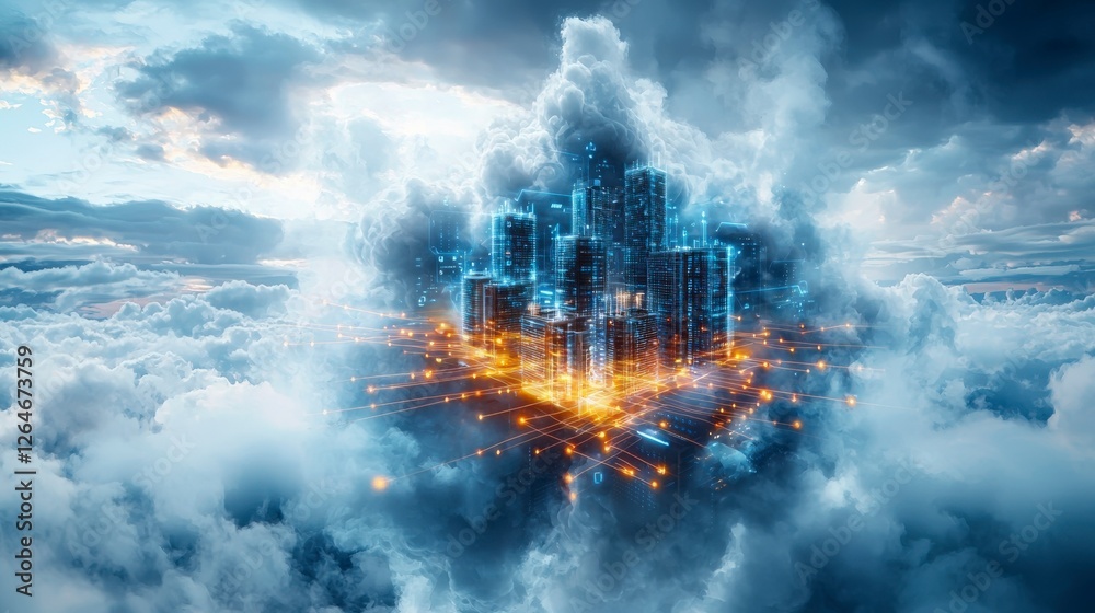 Aufkleber futuristic cityscape aerial view of an innovative digital center in the clouds and tech-driven trans
