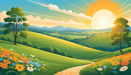 Obraz premium Vector illustration summer landscape with natural scene abstract background