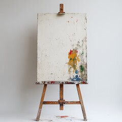 A wooden easel displays a blank canvas
