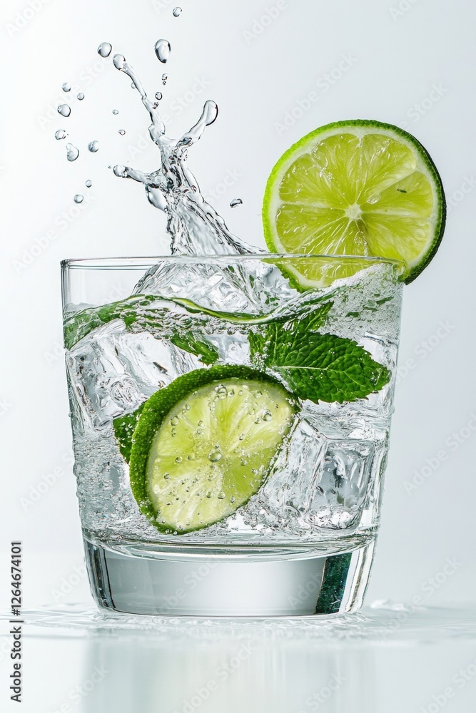 Poster modern refreshment aesthetic dynamic citrus splash in glassware with mint mood - beverage for luxuri