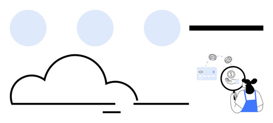Cloud outline and simplified person with magnifying glass analyzing financial transactions. Ideal for finance, cloud computing, technology, financial analysis, data security, digital transformation