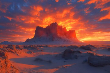 Majestic Desert Landscape at Sunset with Fiery Sky