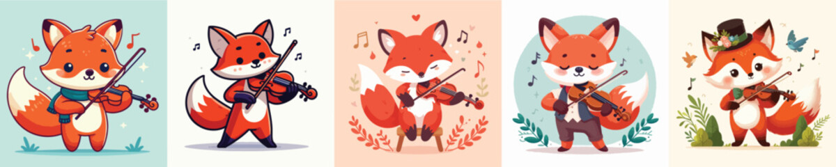 vector set of adorable foxes playing the violin