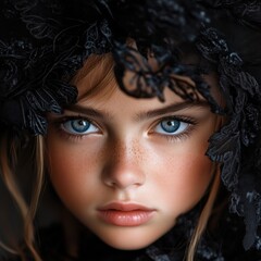 Fototapeta premium Close up of a young girl with striking blue eyes wearing intricate black lace fabric in soft lighting