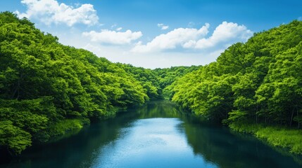 A serene river flows through dense green forests under a bright blue sky, showcasing picturesque nature and tranquility.