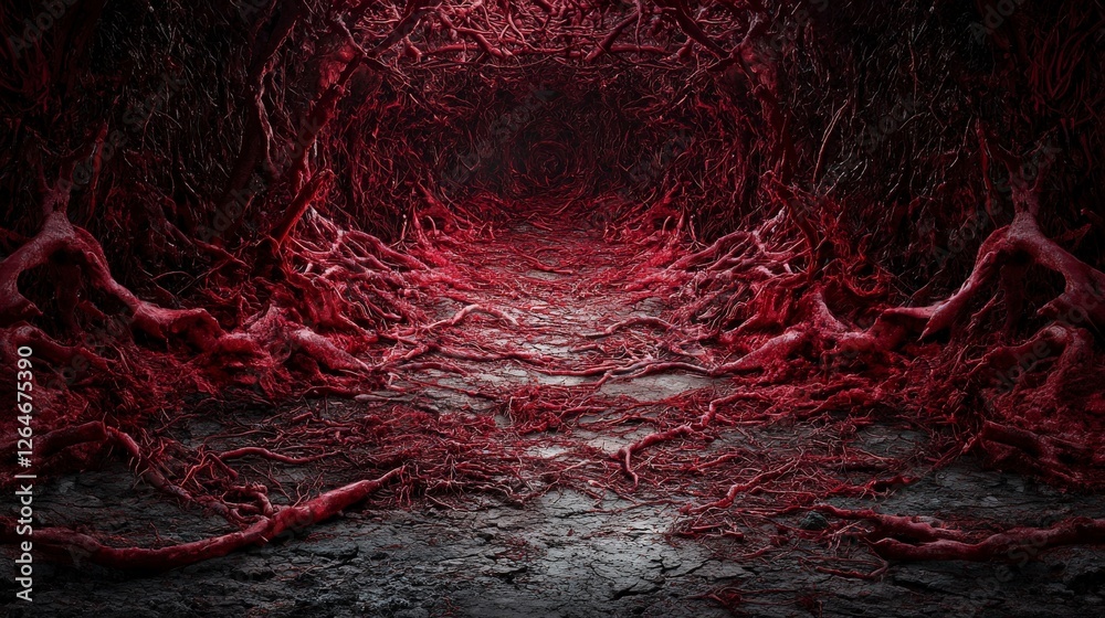 Poster crimson red lines tremble through a dark passage abstract art surreal environment close-up perspecti