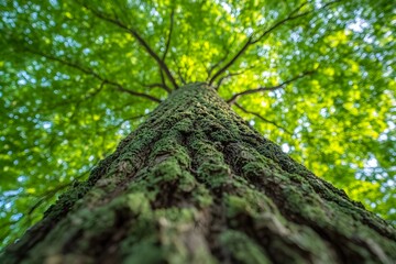 Naklejka premium Majestic View Upwards Underneath a Vibrant Green Canopy of a Mossy Tree
