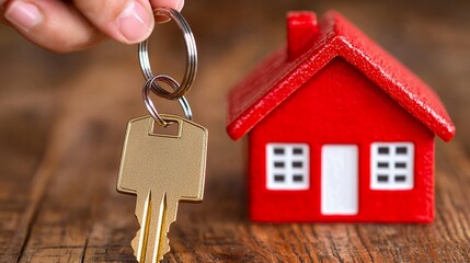 Hand Holding House Keys Beside Small Red House Model