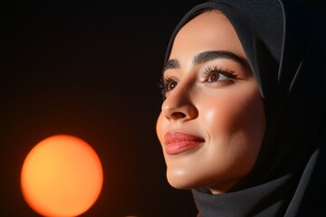 Empowered Leadership Portrait Elegant Woman in Chic Black Hijab Under Spotlight - Professional Recognition Content and Inspirational Corporate Branding