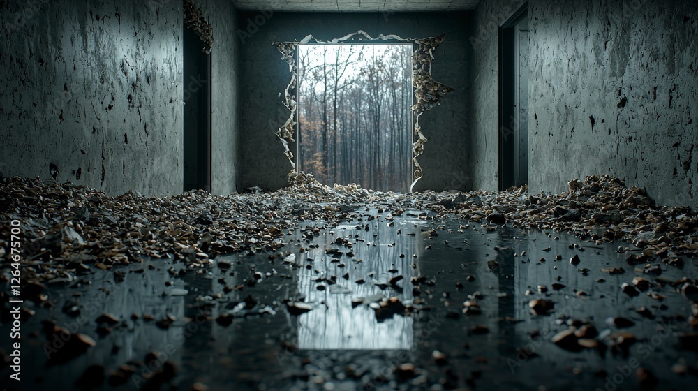 Poster debris of solitude descending into abstract space abandoned building photography indoor ground level