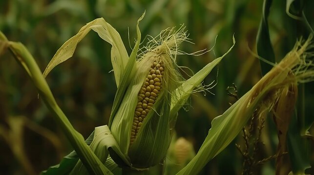 Close-up of a ripe green corn cob emerging from its husk in a lush field

