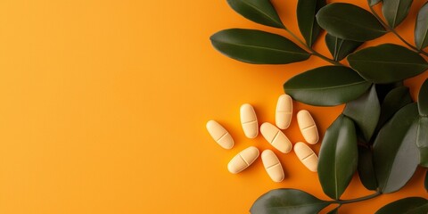 Obraz premium Vitamin C on a vibrant orange background scattered alongside green leaves, creating a fresh and natural health theme